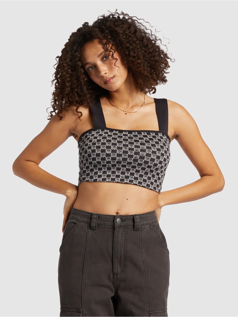Billabong Check Me Out knit crop tank top Black Cream checkerboard medium grunge